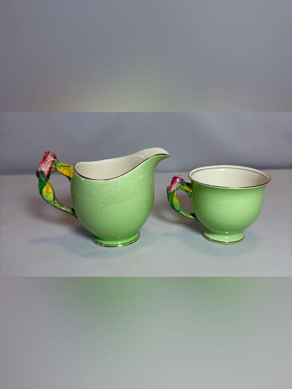 Vintage Royal Winton Grimwades Tiger Lily green creamer and sugar bowl set 1940s